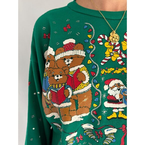 80s vintage green christmas teddy bear graphic ugly holiday pullover sweater - Picture 7 of 9